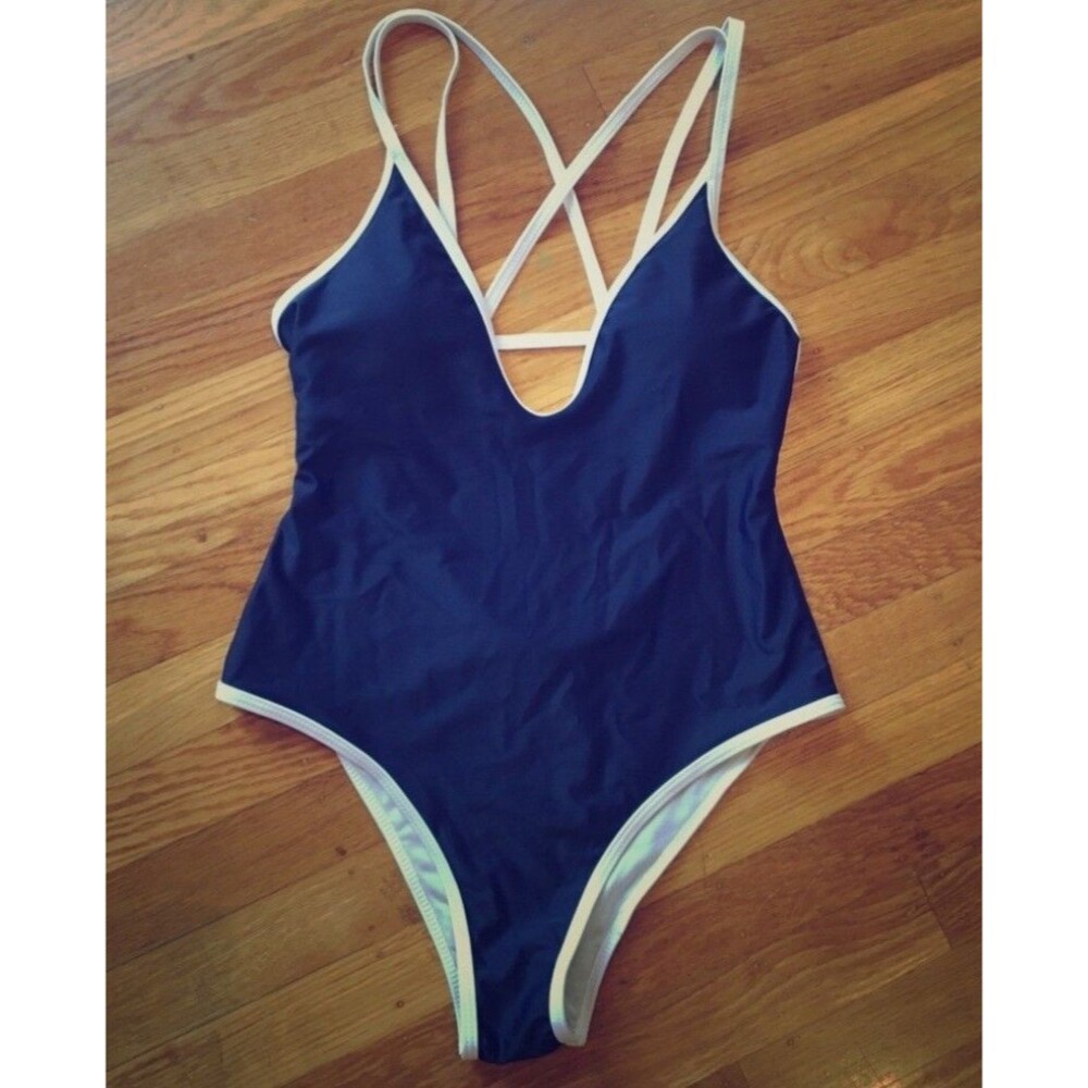 Women's One Piece Swimsuit Navy Blue V-Neck SizeS